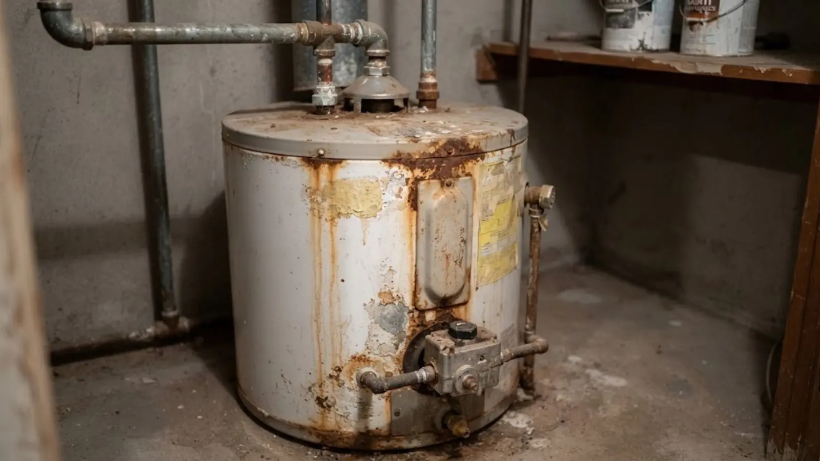 Old corroded water heater tank with rust streaks and heavy scale in a utility space