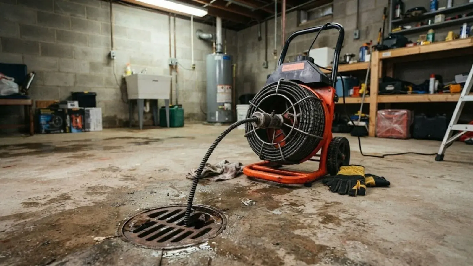 Drain cleaning machine with its cable running into a floor drain in a garage