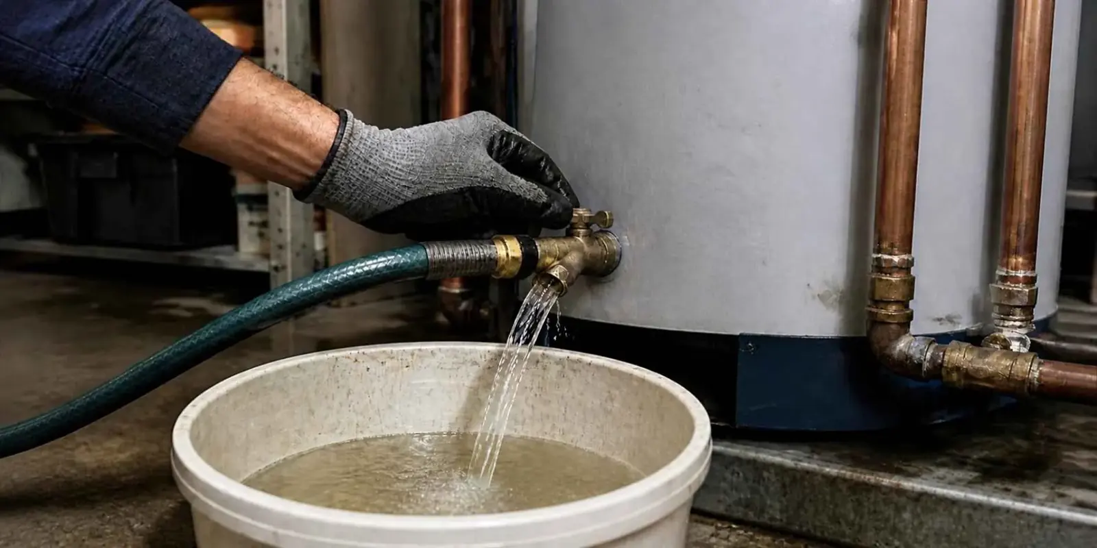 Gloved hand draining sediment from a water heater through a hose into a bucket