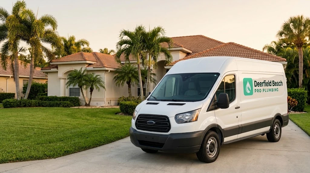 White Deerfield Beach Pro Plumbing service van parked in a driveway in front of a Florida home with a tile roof and palm trees