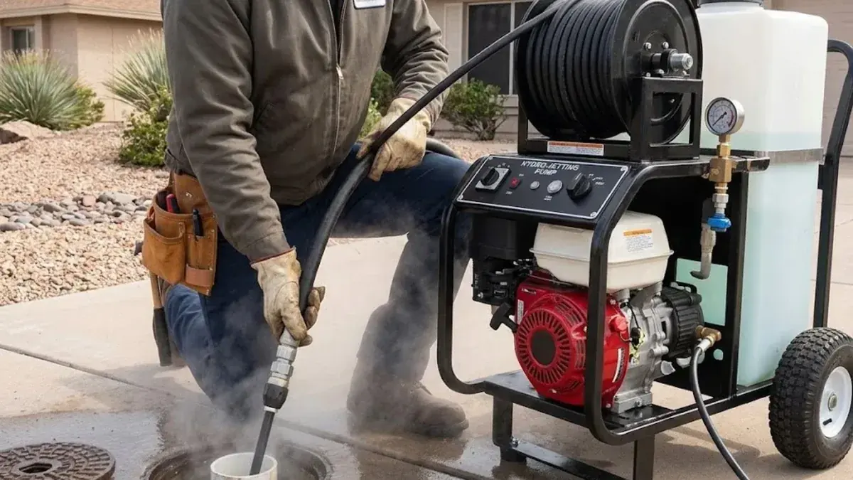 Hydro jetting equipment with a high pressure hose feeding into a yard cleanout