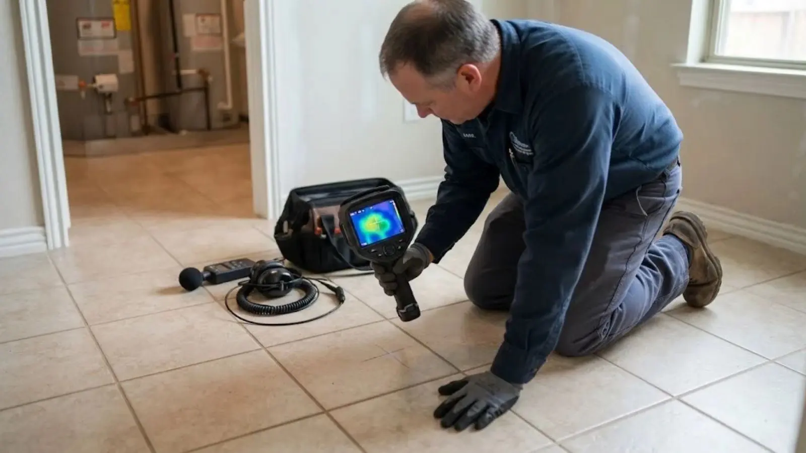 Technician kneeling on a tile floor with a thermal imaging camera and listening gear to trace a hidden leak