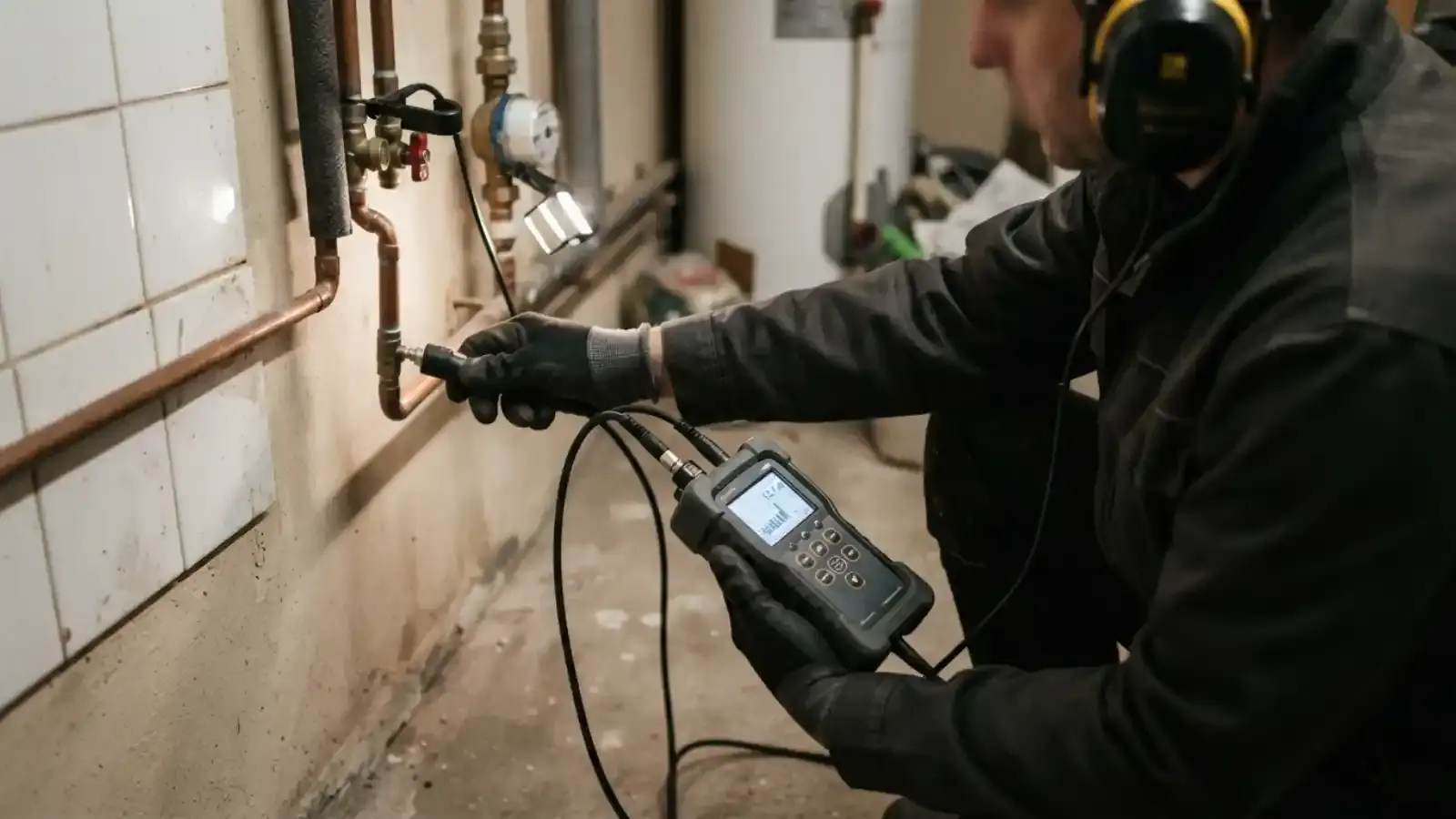 Technician with ear protection using a listening device against a tiled wall