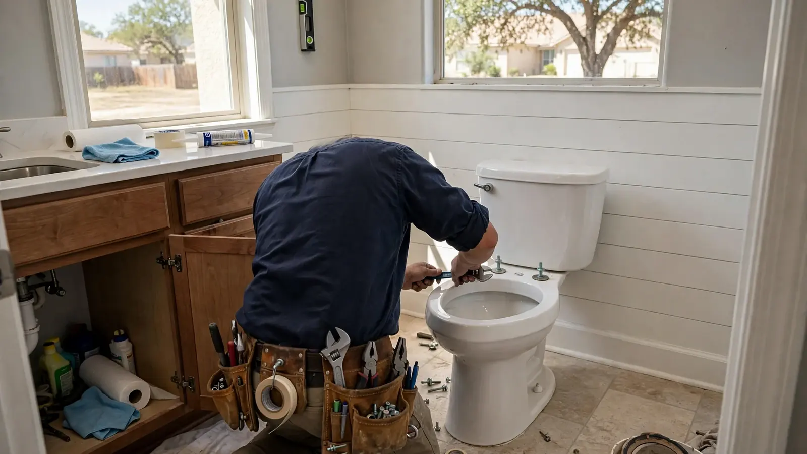 Plumber working at the base of a toilet beside a vanity