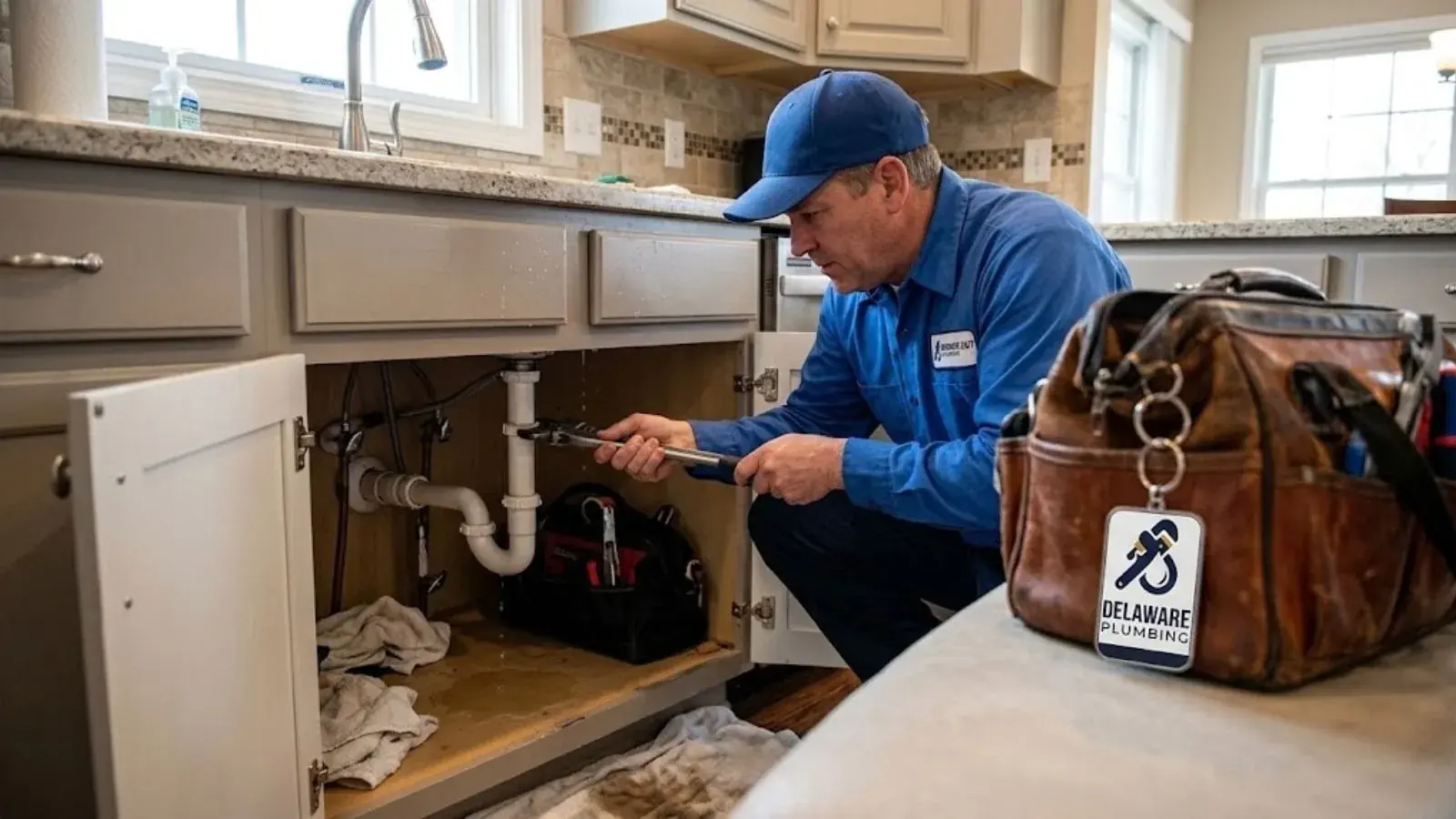 Plumber in a blue cap checking the trap and supply lines under a kitchen sink