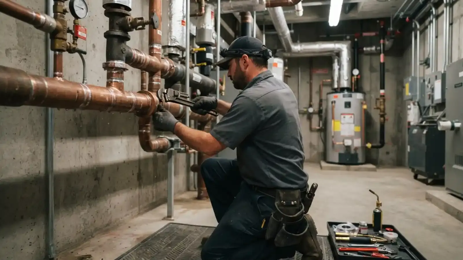 Plumber working on copper piping in a commercial mechanical room with a water heater behind him