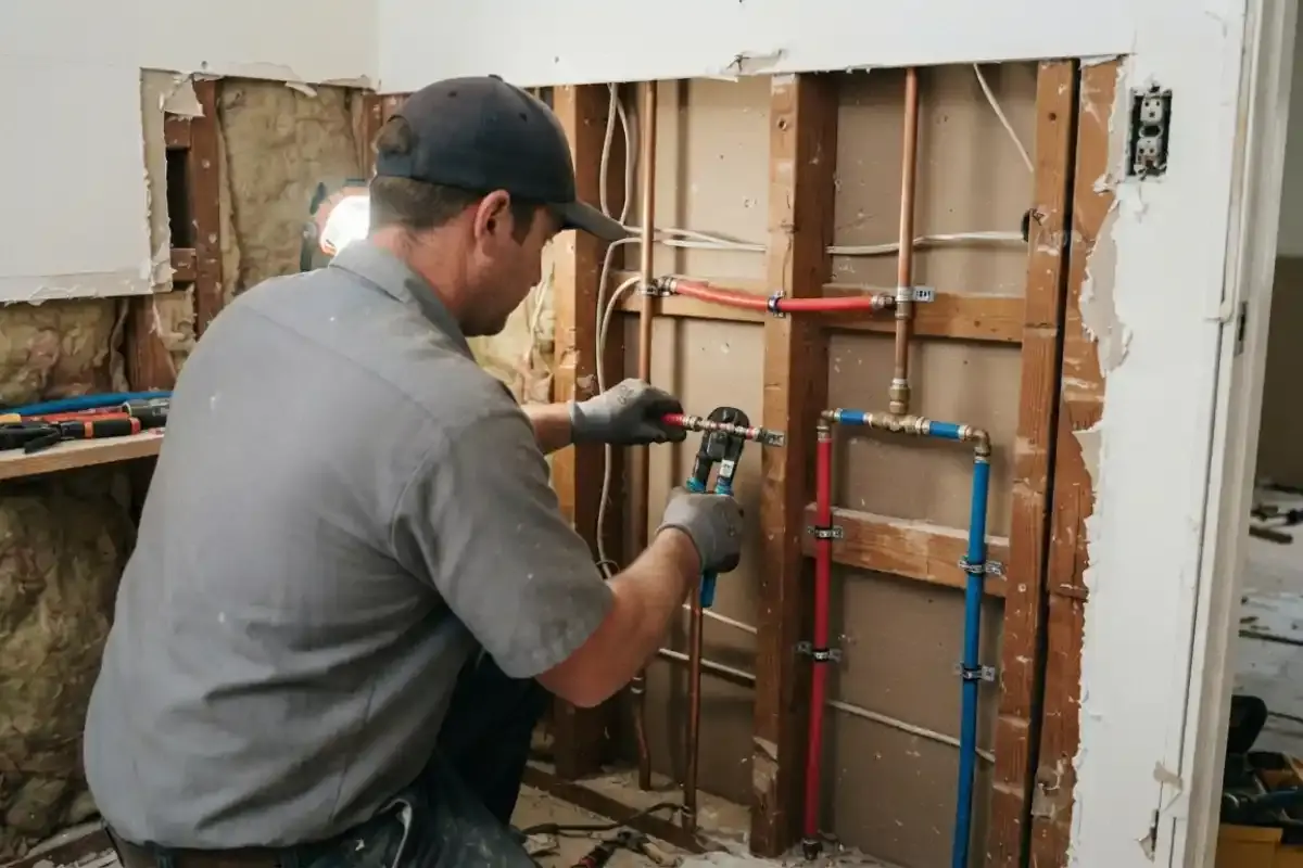 Plumber working inside an opened wall on supply lines