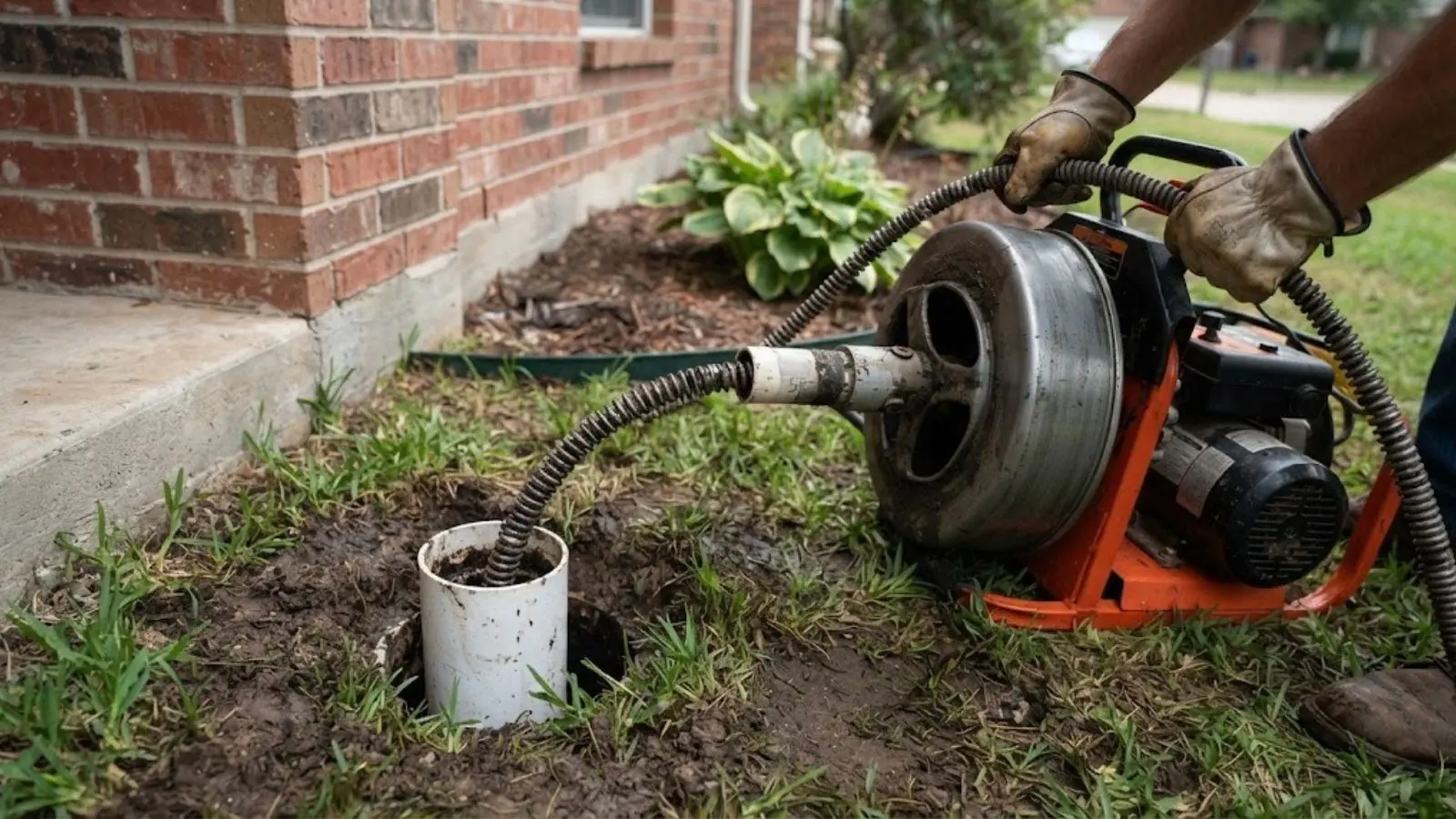 Drain machine with its cable fed into a sewer cleanout beside a brick house