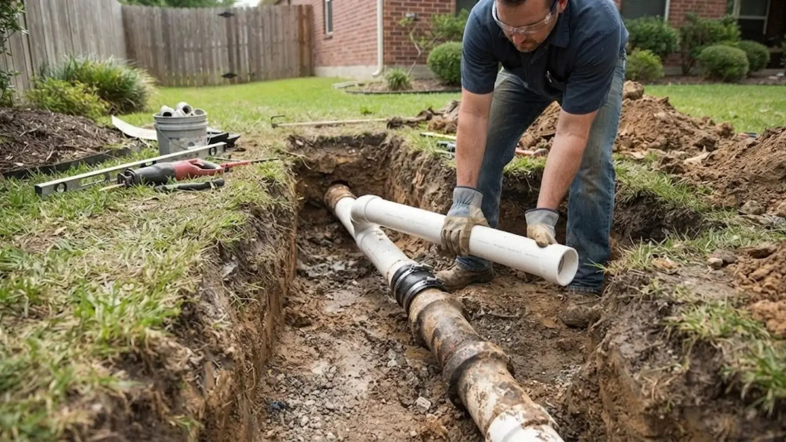 Plumber in a yard trench connecting new white pipe to an old sewer line