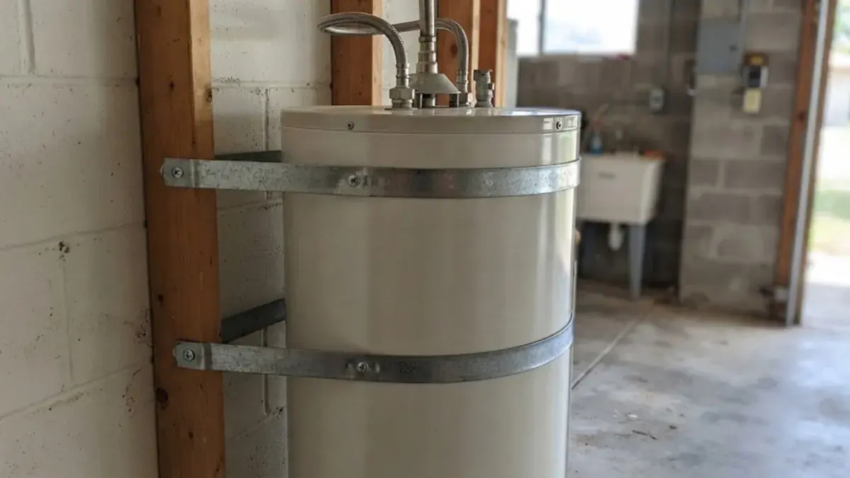 Water heater held to a wall with metal straps in a garage