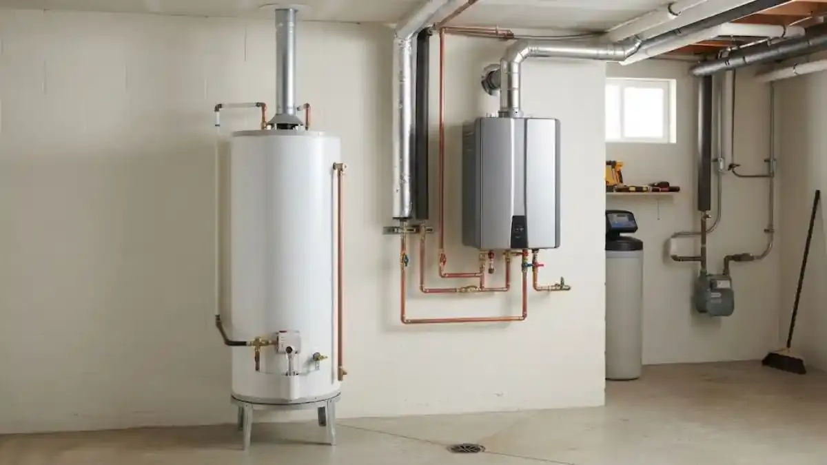 A tank water heater and a tankless unit installed together in a garage