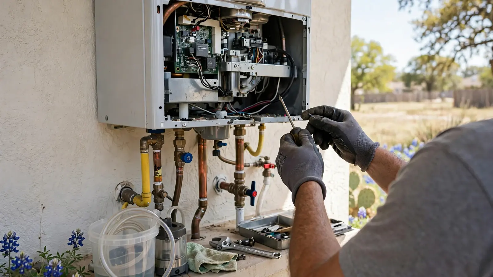 Plumber servicing a tankless water heater cabinet on an exterior wall