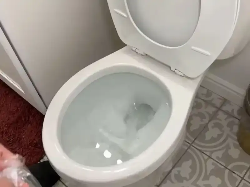 Toilet bowl with a plunger being used on a clog