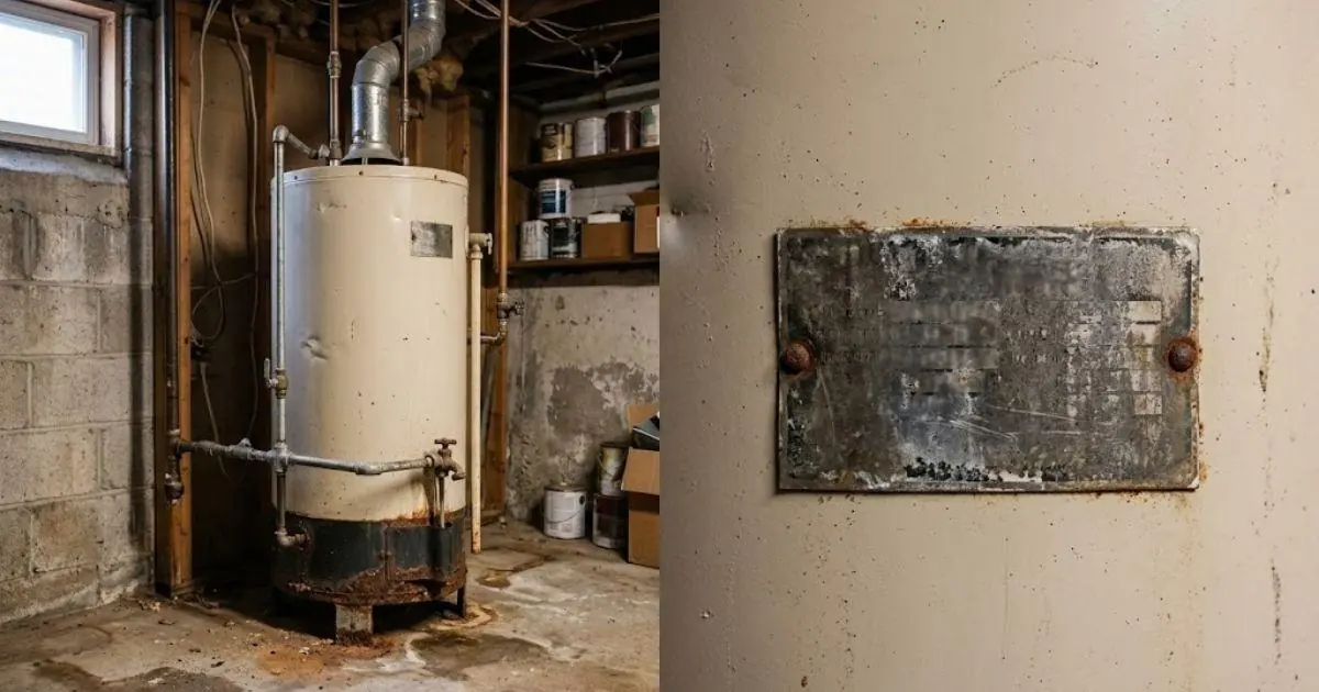 Water heater with a weathered data plate showing its age on a basement wall