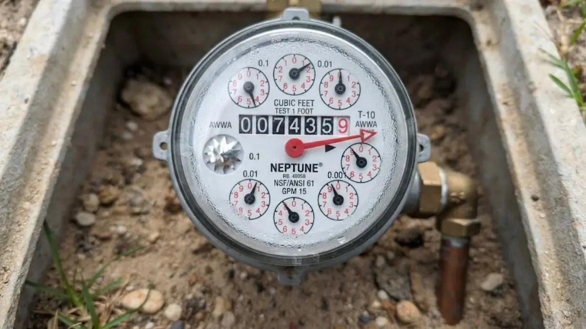 Water meter dial inside a ground level meter box surrounded by soil