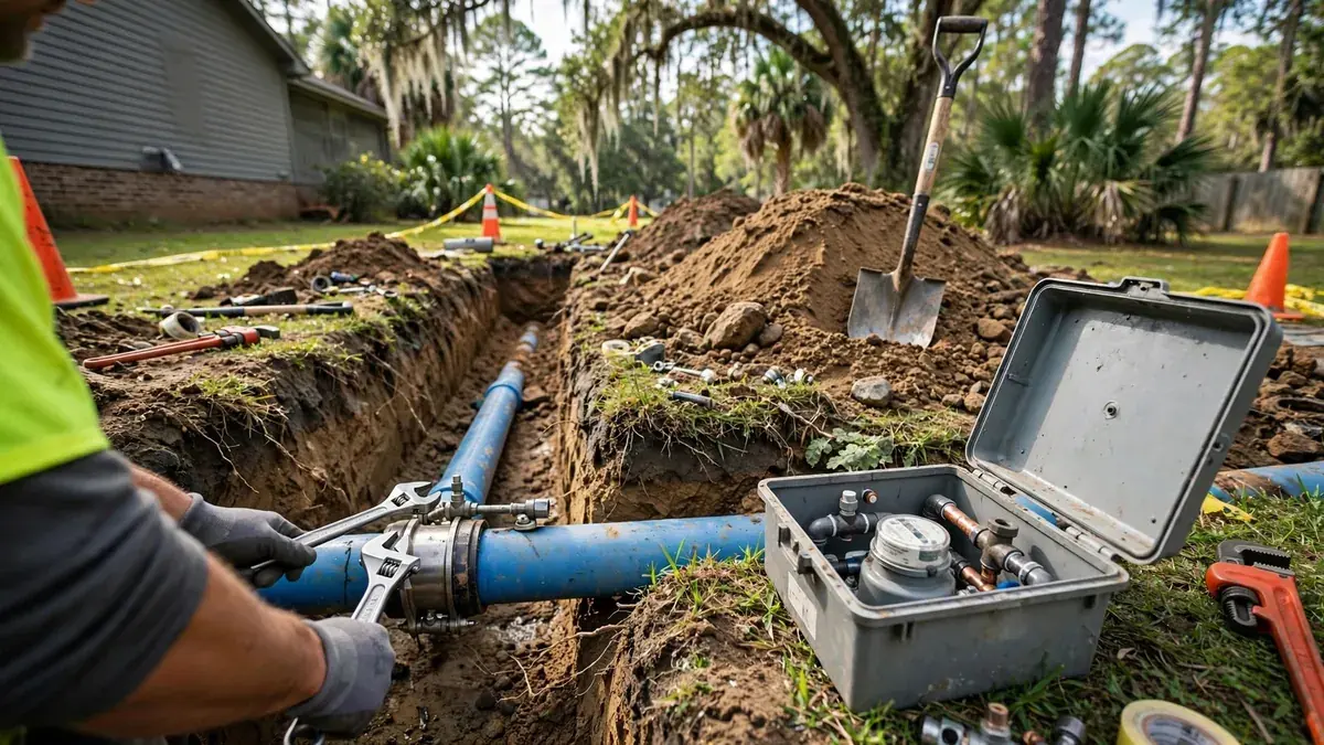 Trench with a blue water service line and a meter box beside it in a lawn