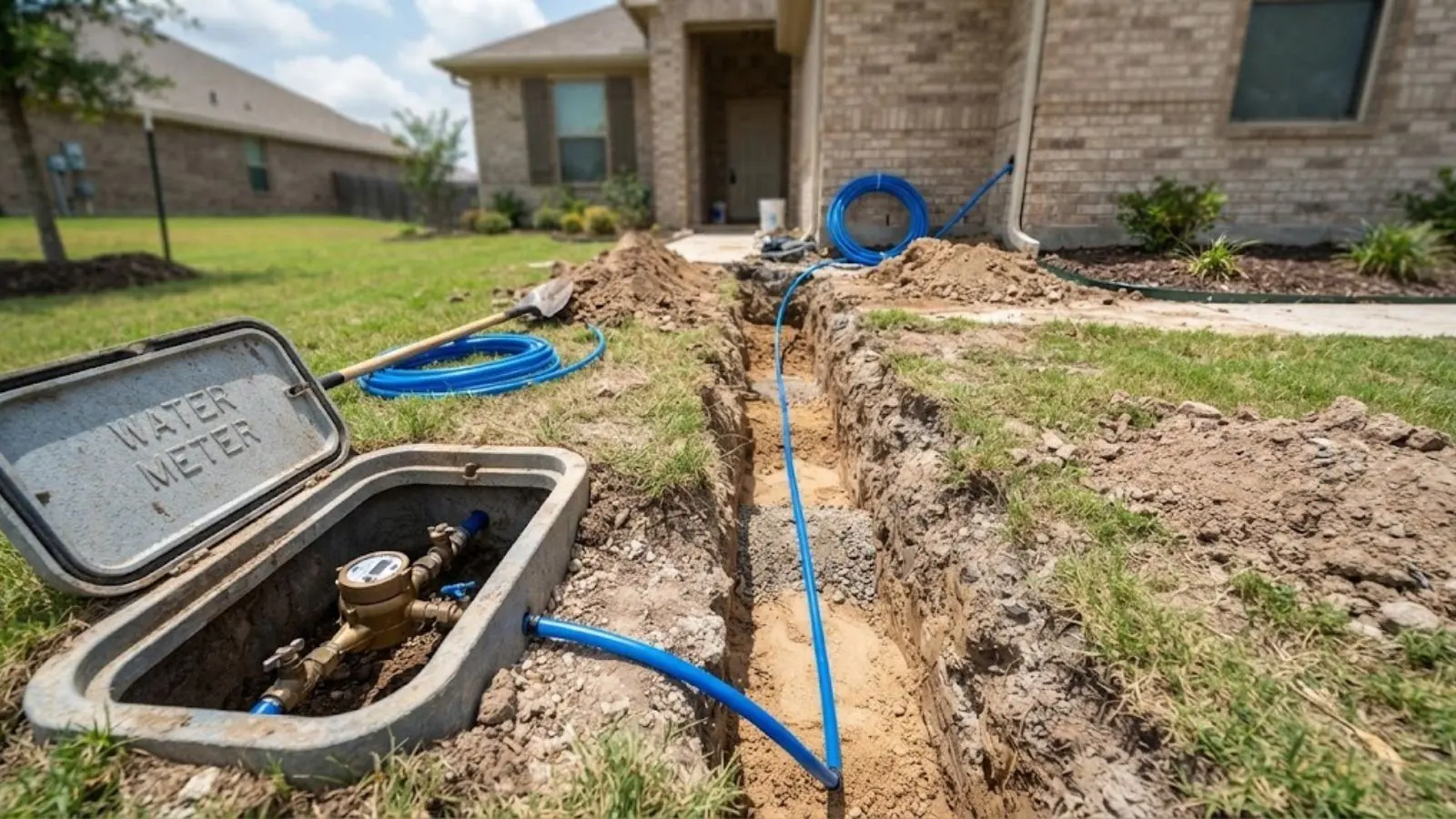 Open trench with a blue water service line and a water meter box in a front yard