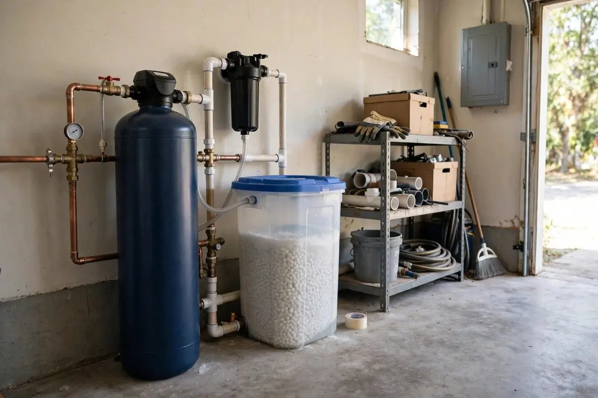 Water softener tank and brine tank installed on a utility room wall with copper piping